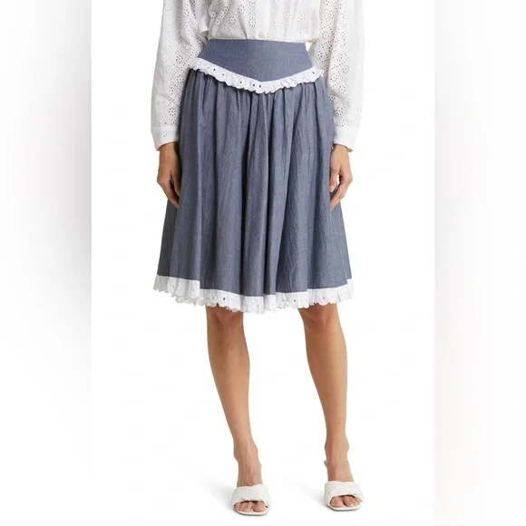 NWOT Batsheva Shirley Broderie Anglaise Cotton Eyelet Lace Chambray Peplum Skirt - Picture 13 of 17